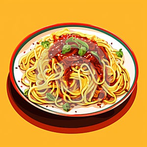 Lively Illustration Of Spaghetti And Tomato Sauce On Yellow Plate