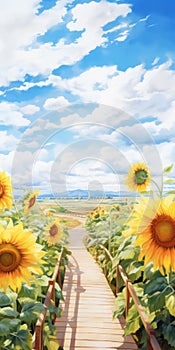 Lively Illustration Of Sunflower Field In Makoto Shinkai Style