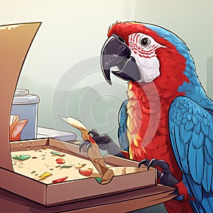 Lively Macaw Parrot Delights in Pizza Feast on Table