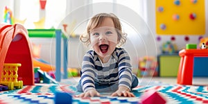 A Lively And Mischievous Toddler Wreaking Havoc In A Colorful Playroom