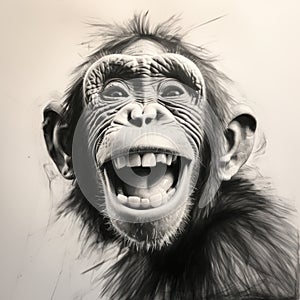 Lively Movement: Detailed Monochrome Chimpanzee Grin - Adrian Donoghue Style