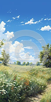 Lively Nature Scenes: A Beautiful Grass Field In Makoto Shinkai Style