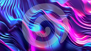 Lively neon 3D-shaped fluid waves on a gradient backdrop. Futuristic holographic abstract concept with radiant liquid