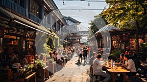 A lively, outdoor food bazaar exhibiting a variety of global