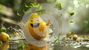 vibrant character design, the lively pear cartoon character bounces up and down enthusiastically, its leafy green hair photo