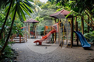 A lively play area in a tropical park filled with children playing on swings, slides, and climbing structures, A playground set in