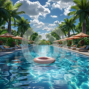 Lively poolside scene with inflatable ring, lush palm trees, and vibrant orange parasols