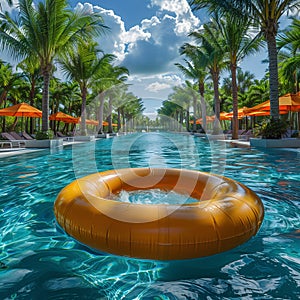 Lively poolside scene with inflatable ring, lush palm trees, and vibrant orange parasols