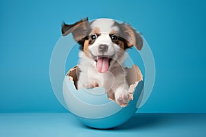 A lively puppy emerges from an eggshell against bright blue background. Easter card.