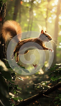 Dynamic Red Squirrel Leaping Between Forest Branches in Sunlit Wilderness