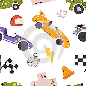 Lively Seamless Pattern Featuring Vibrant Race Cars Speeding Across The Design, Creating An Energetic And Dynamic Tile