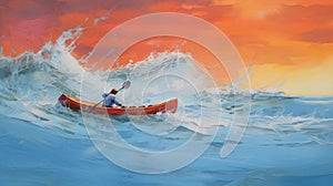 Lively Seascapes: A Hard Edge Painting Of A Man Paddling On A Canoe On Waves In Red And Orange