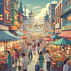 A lively street fair adorned with vivid kiosks, people engaged in animated haggling