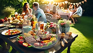 Lively Summer Grilling Party with Festive Table and Guests in Background