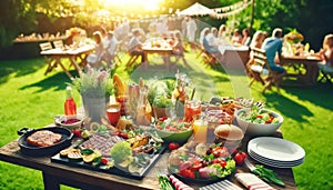 Lively Summer Grilling Party with Festive Table and Guests in Background