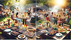 Lively Summer Grilling Party with Festive Table and Guests in Background