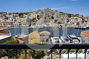 Beautiful View of Port of Symi Greece from a Balcony