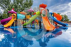 A lively water park featuring a vibrant and exhilarating water slide that provides an exciting experience for visitors, A colorful