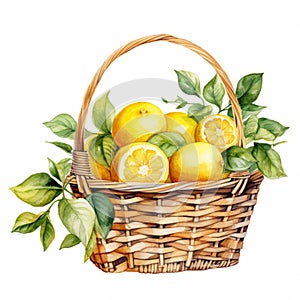 Lively Watercolor Illustration Of Lemons In A Picnic Basket