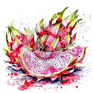 A lively watercolor painting of dragon fruit with a half-sliced piece