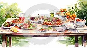 Lively Watercolor Painting Of A Table With Various Food Items