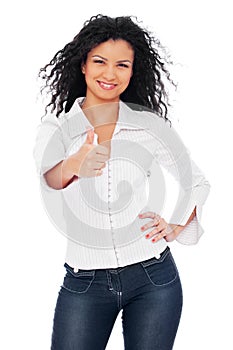 Lively woman showing thumbs up photo