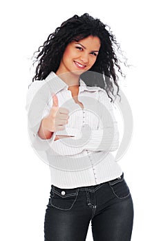 Lively woman showing thumbs up photo