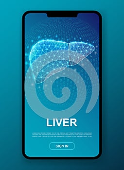 Liver 3d polygonal symbol for UI, UX design template. Low poly Hepatitis illustration for mobile homepage app design