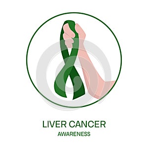 Liver cancer awareness ribbon in hand medical illustration