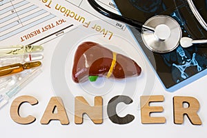 Liver cancer concept photo. Anatomical shape of liver lies near letters composing word cancer surrounded by set of tests, analysis photo