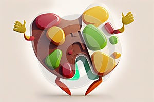 Liver. Cute cartoon healthy human anatomy internal organ character set with brain lung intestine heart kidney liver and