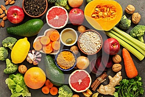 Liver detox diet food concept. Health foods high in antioxidants and fiber. Fruits,vegetables, nuts, olive oil, citrus , green tea