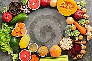 Liver detox diet food concept. Healthy eating concept for the liver, fruits,vegetables, nuts, olive oil, citrus fruits, green tea photo