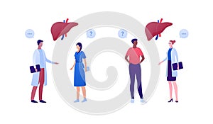 Liver disease, diagnosis and treatment concept. Vector flat people illustration. Multiethnic male and female character. Patient