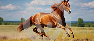 A liver horse gallops across a grassy plain under a cloudy sky