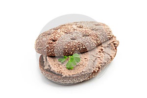 Liver meat pate spread on rye bread isolated on white