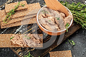 Liver pate on toast, Concept healthy and balanced eating. copy space, top view