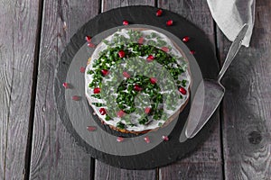 Liver pie layer cake stuffed with carrots and onions