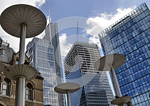 Liverpool street station, London United Kingdom, 14 June 2018. As soon as you leave Liverpool Street you can see the skyscrapers