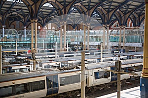 Liverpool street train station interior Trains on the platforms ready to depart. UK