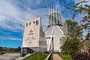 LIVERPOOL, UK, 26 MAY 2019: A view documenting the exterior of the  Metropolitan Cathedral of Christ the King, in Liverpool