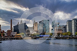 Liverpool waterfront showing Liver Building and ferry terminal photo