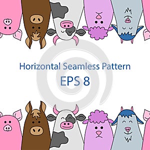 Livestock. Animals. Seamless horizontal pattern in doodle and cartoon style. Color.