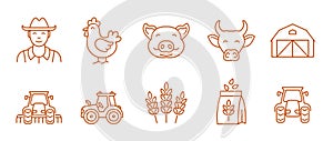 Livestock farm. Agricultural machinery. Set of icons. Vector editable outline stroke.