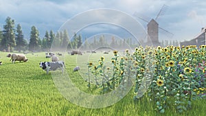 Livestock farm. Cows and sheep graze in a green meadow. Rustic farm with Pets. Animal husbandry and nature. 3D Rendering