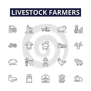 Livestock farmers line vector icons and signs. husbandry, herdsman, agrarians, stockbreeders, custodians, raisers