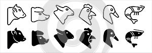 Livestock icon set. Farm animal icons set. Butchery meat shop sign illustration
