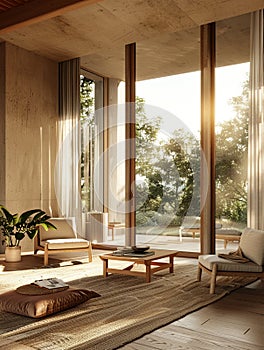 Living area with cross ventilation, breezy and fresh, open doors, golden hour light, front angle, crisp realism photo