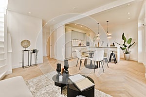 a living area with a dining table and a kitchen