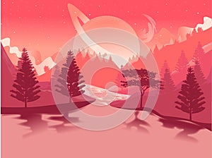 Living coral background of the twilight evening night sky. Pink planet or moon on a sunset. Natural futuristic landscape.